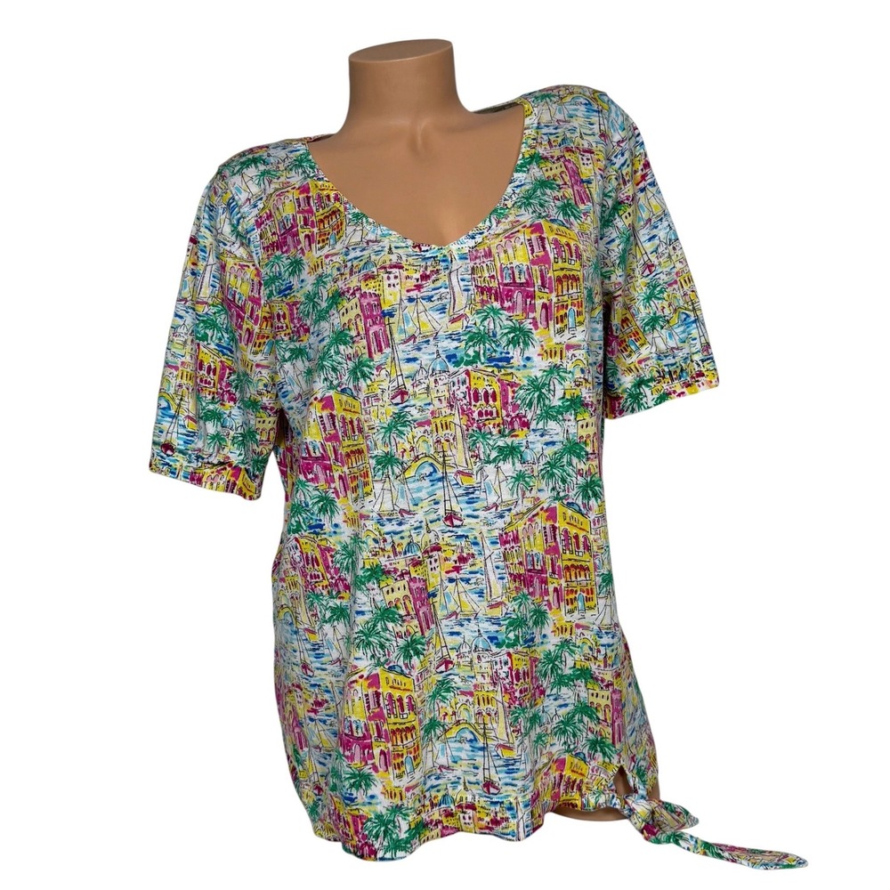 Talbots Women's Petites 2XP Cotton Knit V-Neck Top Coastal Harbor Print Side Tie